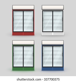 Vector Set of Multicolor Fridge Refrigerator Freezer With Transparent Glass Isolated on Background