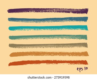 Vector set of multicolor hand drawn dry brush lines on yellow background. Artistic design elements collection