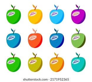 Vector set with multicolored apples on white background. Elements of fruit design with eco label. A natural product of healthy eating. Stock vector illustration.