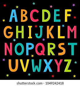 Vector set of multicolored bright letters for inscriptions isolated on black. Cute poster with alphabet and stars used for magazine, book, poster, card, web pages.