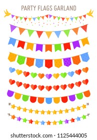 Vector set of multicolored bunting party flag garlands with confetti, stars, heart and birds. Design element for greeting card, poster, banner, birthday party, invitation, carnival, fiesta, decor.