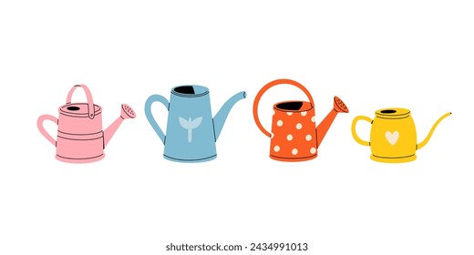 Vector set of multicolored cartoon watering cans isolated from the background. Clipart collection of gardening tools. Hand drawn flat elements for stickers.