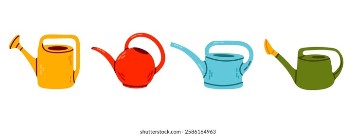 Vector set of multicolored cartoon watering cans isolated on white background. Clipart collection of gardening tools. Hand-drawn flat elements for stickers.