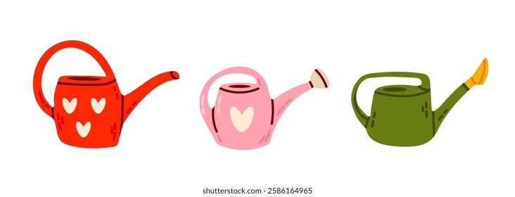 Vector set of multicolored cartoon watering cans isolated on white background. Clipart collection of gardening tools. Hand-drawn flat elements for stickers.