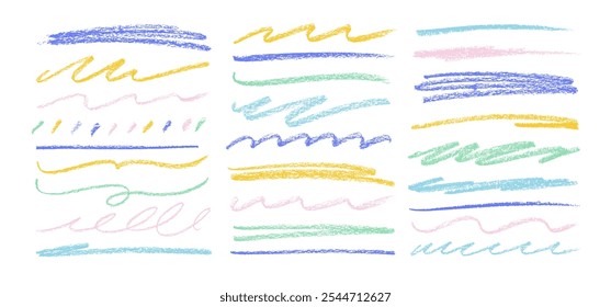 Conjunto vetorial de sublinhados e divisores de lápis de carvão multicolorido. Linhas desenhadas em giz de cera, traços ásperos, ondas e rabiscos. Vários strikethrough e doodle listras. Conjunto de traçados ondulados horizontais