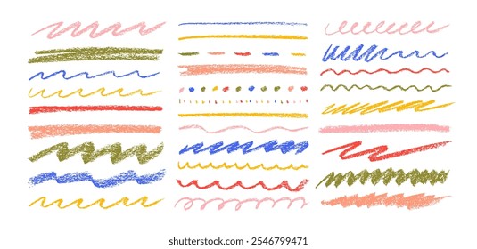 Conjunto vetorial de sublinhados e divisores de lápis de carvão multicolorido. Linhas desenhadas em giz de cera, traços ásperos, ondas e rabiscos. Vários strikethrough e doodle listras. Conjunto de traçados ondulados horizontais