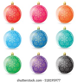 Vector set of multicolored Christmas balls with snowflakes pattern on white background
