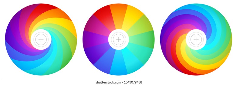 Vector set of multicolored covers for laser DVD disc. Iridescent spiral and twisted patterns. Fortune wheel with twelve segmentation. Rainbow palette templates. Looped spectrum of custom bright colors