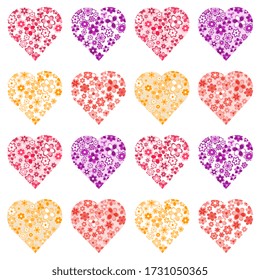 
Vector set of multi-colored floral hearts on a white background, handmade, artistic. Cute illustration greeting card design template.