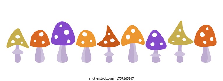 Vector set of multi-colored fly agaric mushrooms on a white background. Horizontal banner, background for social network, advertising. Funny mushrooms of violet, green, yellow and red color in white