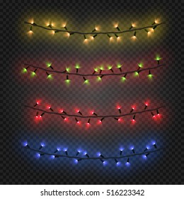 Vector set of multicolored garlands light on a transparent background. Christmas lights. New year decoration.