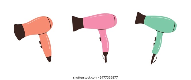 Vector set of multi-colored hair dryers