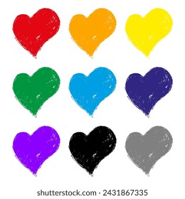 Un vector conjunto de corazones dibujados a mano multicolores.