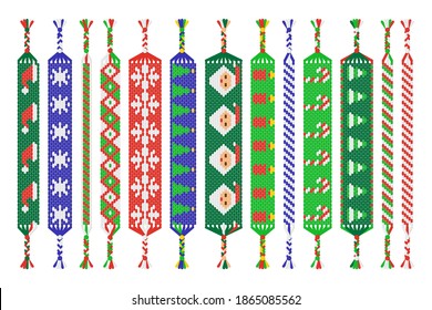 Vector set of multi-colored handmade hippie friendship bracelets of threads isolated on white background. Macrame normal pattern. Marry Christmas and Happy New Year