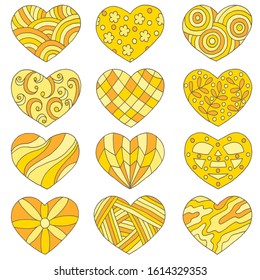 Vector set of multicolored hearts with abstract hand-drawn yellow patterns, isolated on a white background, for Valentine's day