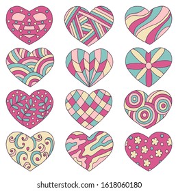 Vector set of multicolored hearts with abstract hand-drawn patterns, isolated on a white background