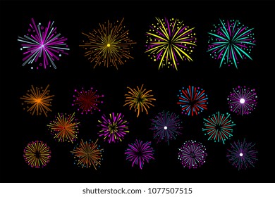 Vector set of multi-colored holiday fireworks. Bright sparkling salute. Decorative elements for festival invitation, poster or flyer