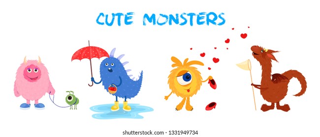 Vector set of multi-colored isolated cartoon monsters. Characters in a flat cartoon style for the site or corporate identity.