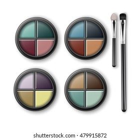 Vector Set of MultiColored Light Blue Pink Brown Violet Yellow Turquoise Ocher Green Vinous Eye Shadows in Round Black Transparent Plastic Case with Makeup Brushes Applicators Isolated on Background