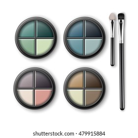 Vektorillustration-Set mit mehrfarbigem hellblauem, rosa, braunem violettem, gelbem, türkisfarbenem Ocher, grüner Augshüte in einem runden, transparenten Kunststoffgehäuse mit Make-up-Bürsten-Bewerbern einzeln auf Hintergrund