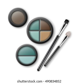 Vector Set of MultiColored Light Blue Brown Turquoise Ocher Eye Shadows in Round Black Transparent Plastic Case with Makeup Brushes Applicators Top View Isolated on White Background