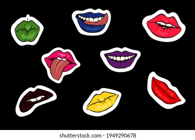 Vector Set Of Multicolored Lips Stickers. Cute Sticker Template With Cartoon Images For Laptop, Organizer, Cover