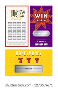 Vector set of multicolored lottery tickets with scratch lines on white background