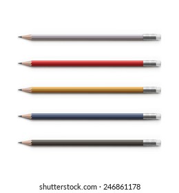 Vector Set of Multicolored Pencils with Erasers Isolated on White Background