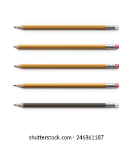 Vector Set of Multicolored Pencils with Erasers Isolated on White Background