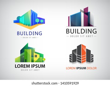 Vector Set of multicolored real estate logo designs for business visual identity, building, cityscape icons, houses, architecture construction