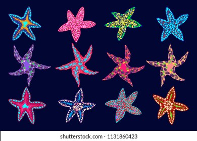Vector set of multicolored starfish