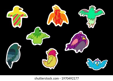 Vector Set Of Multicolored Stickers Of Birds. Cute Sticker Template With Cartoon Images For Laptop, Organizer, Cover