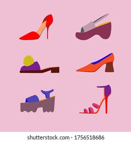 Vector set of multi-colored women's shoes.