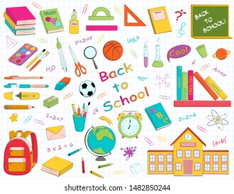 Vector set of multicolour school supplies and stationery. Bundle of accessories for lessons, items for education of smart pupils and students isolated on white background. Colorful hand drawn illustra