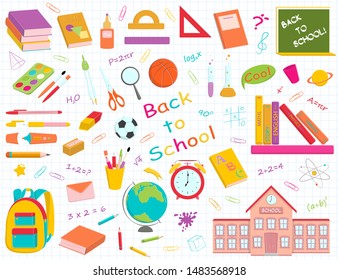 Vector set of multicolour school supplies and stationery. Bundle of accessories for lessons, items for education of smart pupils and students isolated on white background.