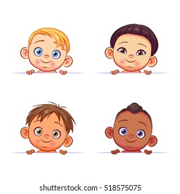 Vector set of multi-ethnic baby boys holding a white banner. Cute kids of different races with various hairstyles.