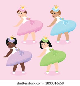 Conjunto vectorial de niñitas multiétnicas vestidas con bonito vestido