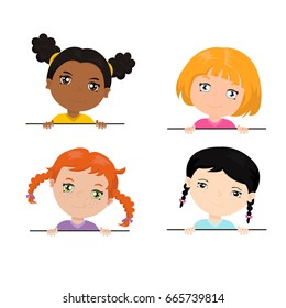 Vector set of multi-ethnic little girls holding a white banner. Funny kids of different races with various hairstyles.