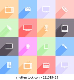 Vector set of multimedia flat icons with long shadow