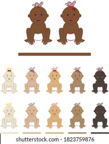 Vector Set Of Multinational Babies Sitting On All Fours. Cartoon Characters Of Curly Toddler Boys And Girls With Different Skin, Eye And Hair Colors. Naked Kids In Diapers And With A Bow