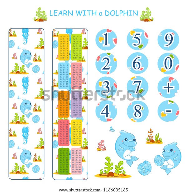 Vector set of multiplication table on bookmark\
(two sides), cute mathematical signs and numbers, cute dolphins and\
seaweeds elements. Home or school class visual, teaching aid in\
pink color palette
