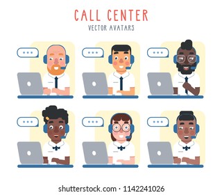 Vector set of multiracial call center people avatars in a cute cartoon style with a headsets and laptops. Customer support.