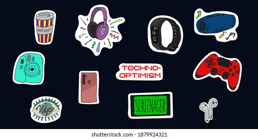 Vector Set Of Multocolored Stickers On Theme Of Modern Technologies. Cute Sticker Template With Trendy Cartoon Images For Laptop, Organizer, Cover