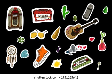 Vector Set Of Multocolored Stickers On Theme Of Hippie, Vintage And Music. Cute Sticker Template With Trendy Cartoon Images For Laptop, Organizer, Cover