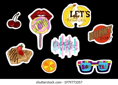 Vector Set Of Multocolored Trendy Stickers. Cute Sticker Template With Cartoon Images For Laptop, Organizer, Cover