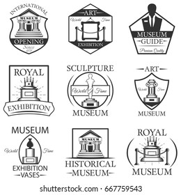 Vector set of museum isolated labels, logo and emblems. Black and white museum symbols and design elements. Art, statue, museum building, ticket. 