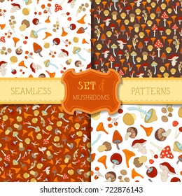 Vector set of mushroom seamless patterns. Edible and poisonous cartoon mushrooms. Fungal, amanita, girolles, chanterelles, agaric, boletus, fungus, cep. Boundless backgrounds for your autumn design.