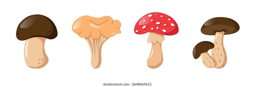Vetor Definir Cogumelos Em Estilo De Desenho Animado Isolado No Fundo Branco. Champignon, Chanterelle, Fly Agaric, Birch Boletus Elementos Floresta Colhendo Ícones Adesivos Comida. Cogumelos Diferentes.