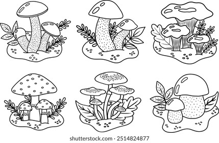 Conjunto vetorial de cogumelos, agarics mosca, champignons, chanterelles, cogumelos porcini em um fundo transparente, para colorir planilhas e cadernos, web design. Ilustração em estoque de cogumelos.