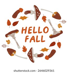 Vector set of mushrooms and leaves. Collection of fall elements for scrapbooking. Circle Frame with quote greeting autumn season on white background.